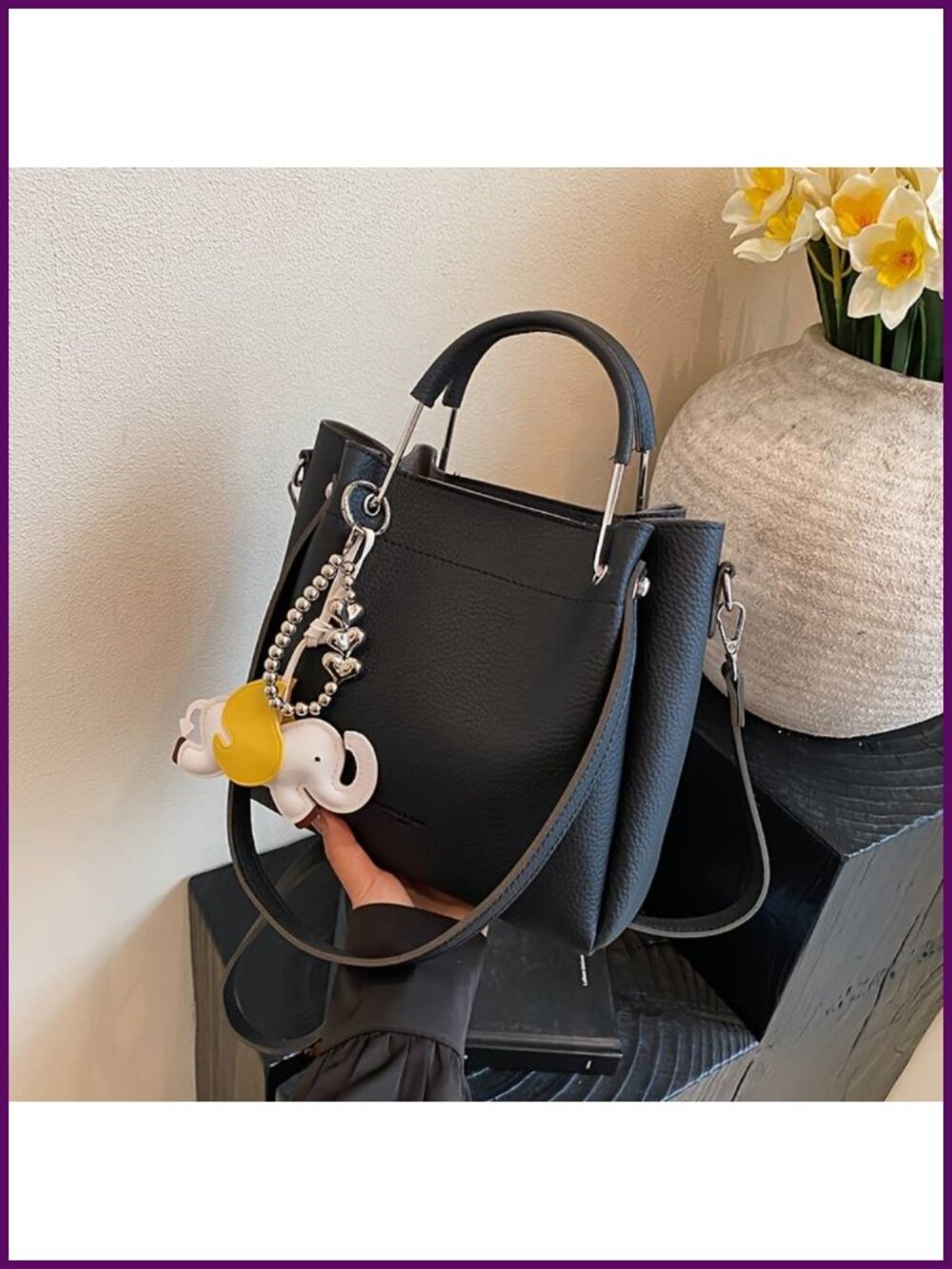 Trendy Faux Leather Handbag with Elephant Charm and Adjustable Strap
